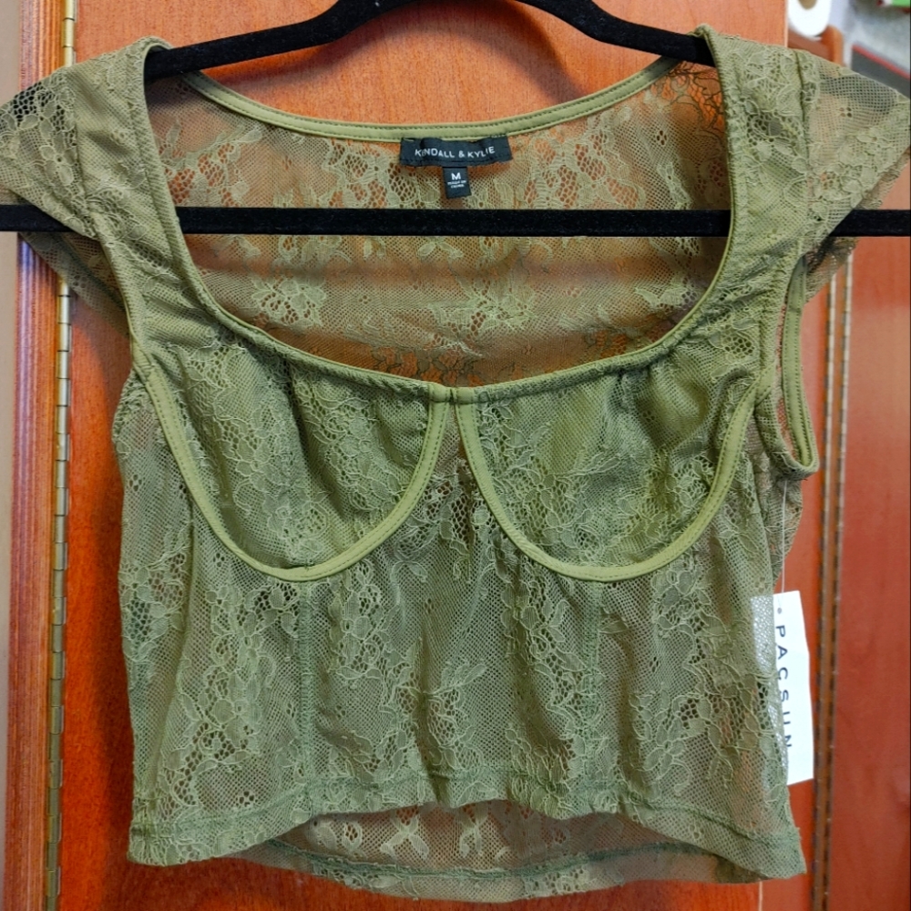 Kendall & Kylie Olive Green Sheer Lace Top